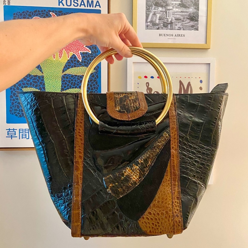 Gold-Handle Black & Brown Patchwork Tote